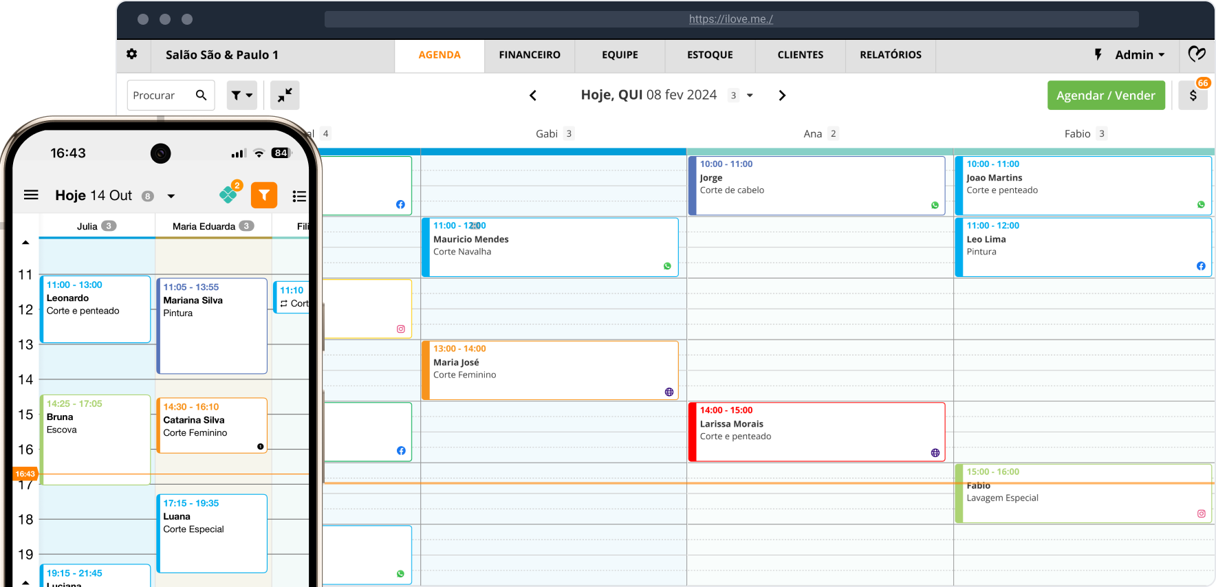 Agenda do ilove.me no computador, com uma coluna por profissional e os horários do dia, e a mesma agenda no app do celular