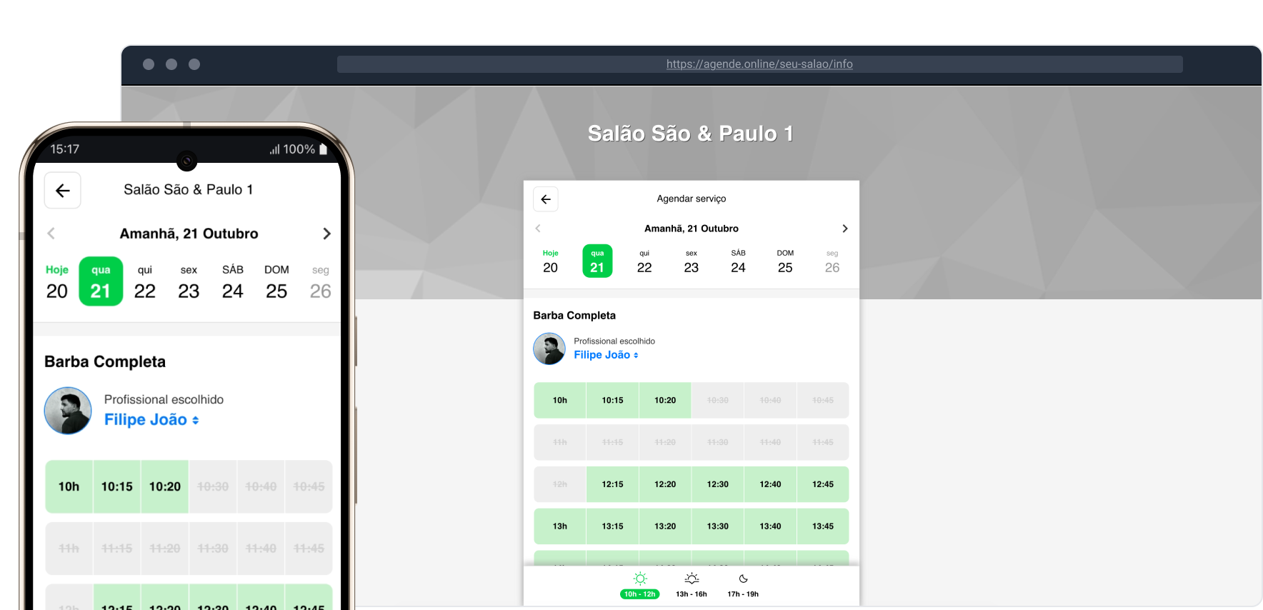 Agendamento online no computador e no celular: o cliente escolhe o dia, o profissional e um dos horários livres para Barba Completa