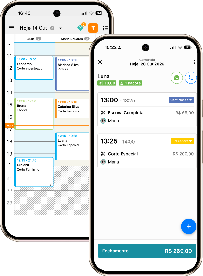 Dois celulares com o app do ilove.me: a agenda do dia por profissional e a comanda de uma cliente, com os serviços, o status de cada horário e o valor do fechamento