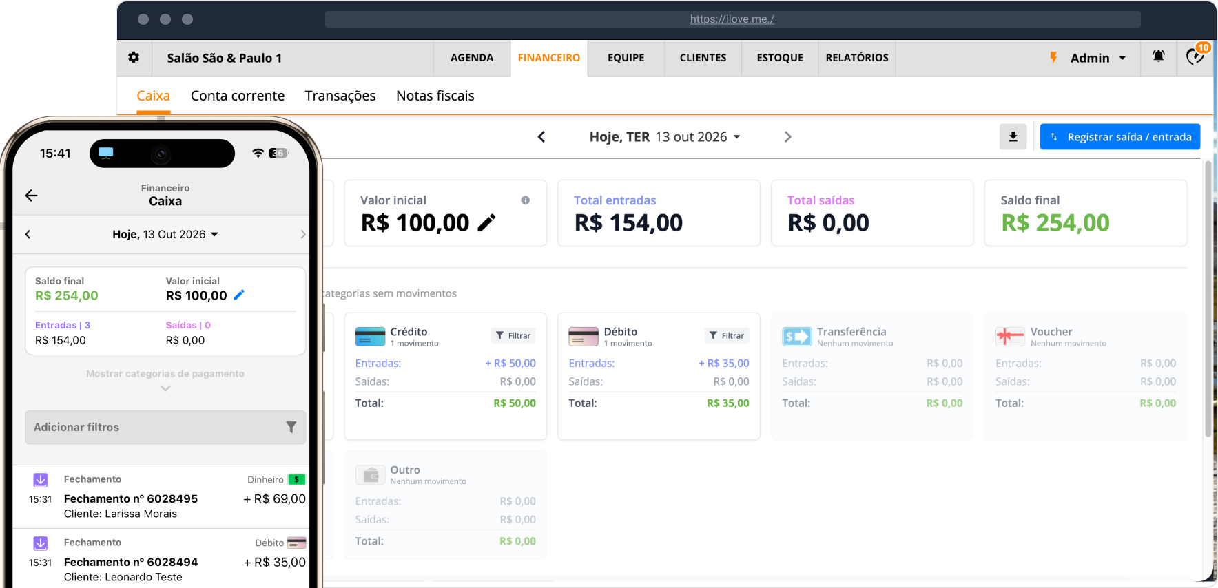 Caixa do dia no computador, com valor inicial, entradas, saídas, saldo final e o resumo por forma de pagamento, e o mesmo caixa no app do celular