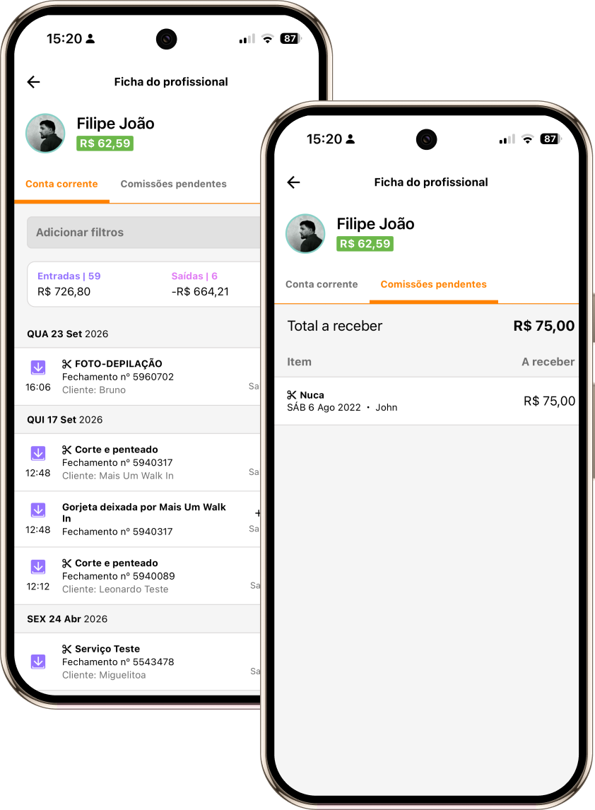 Dois celulares com a ficha de um profissional no app do ilove.me: a conta corrente com entradas e saídas e as comissões pendentes a receber