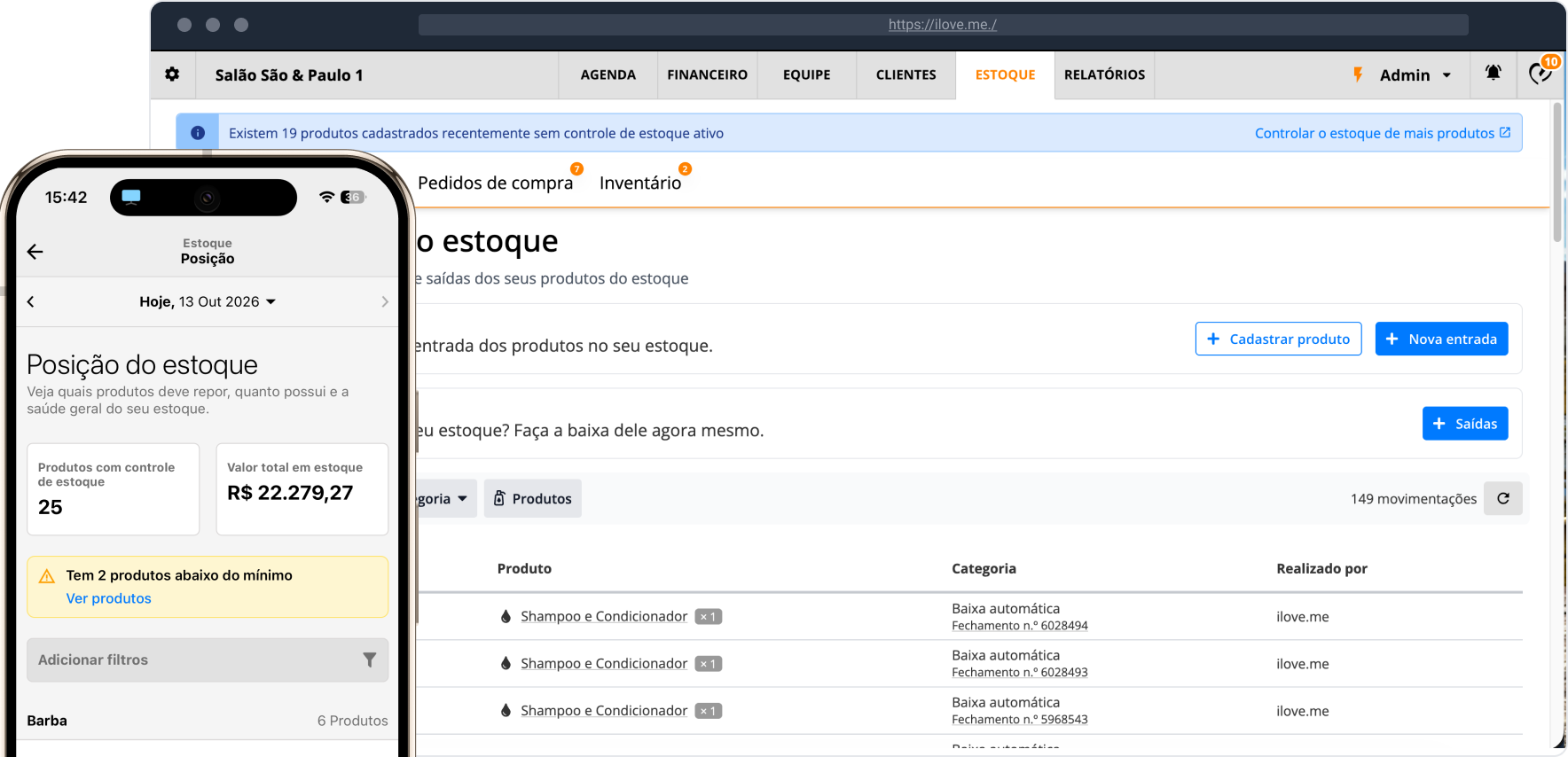 Estoque no computador, com entradas, saídas e baixas automáticas de produtos, e a posição do estoque no app do celular com produtos abaixo do mínimo